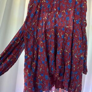 Free People Red Blouse with Blue Floral Design